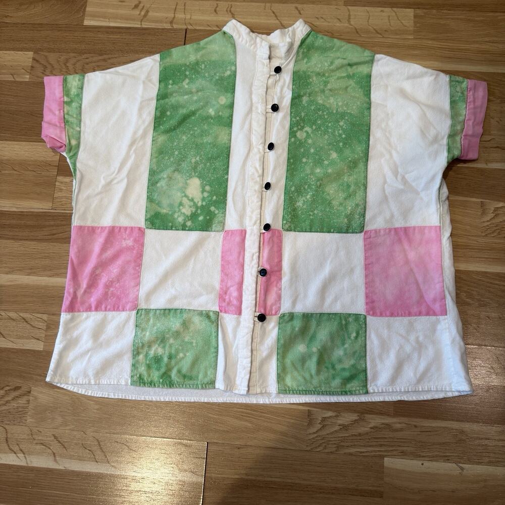 Custom Bleach Spattered Pastiche Color Block Pink Green White Boxy Shirt Size M
